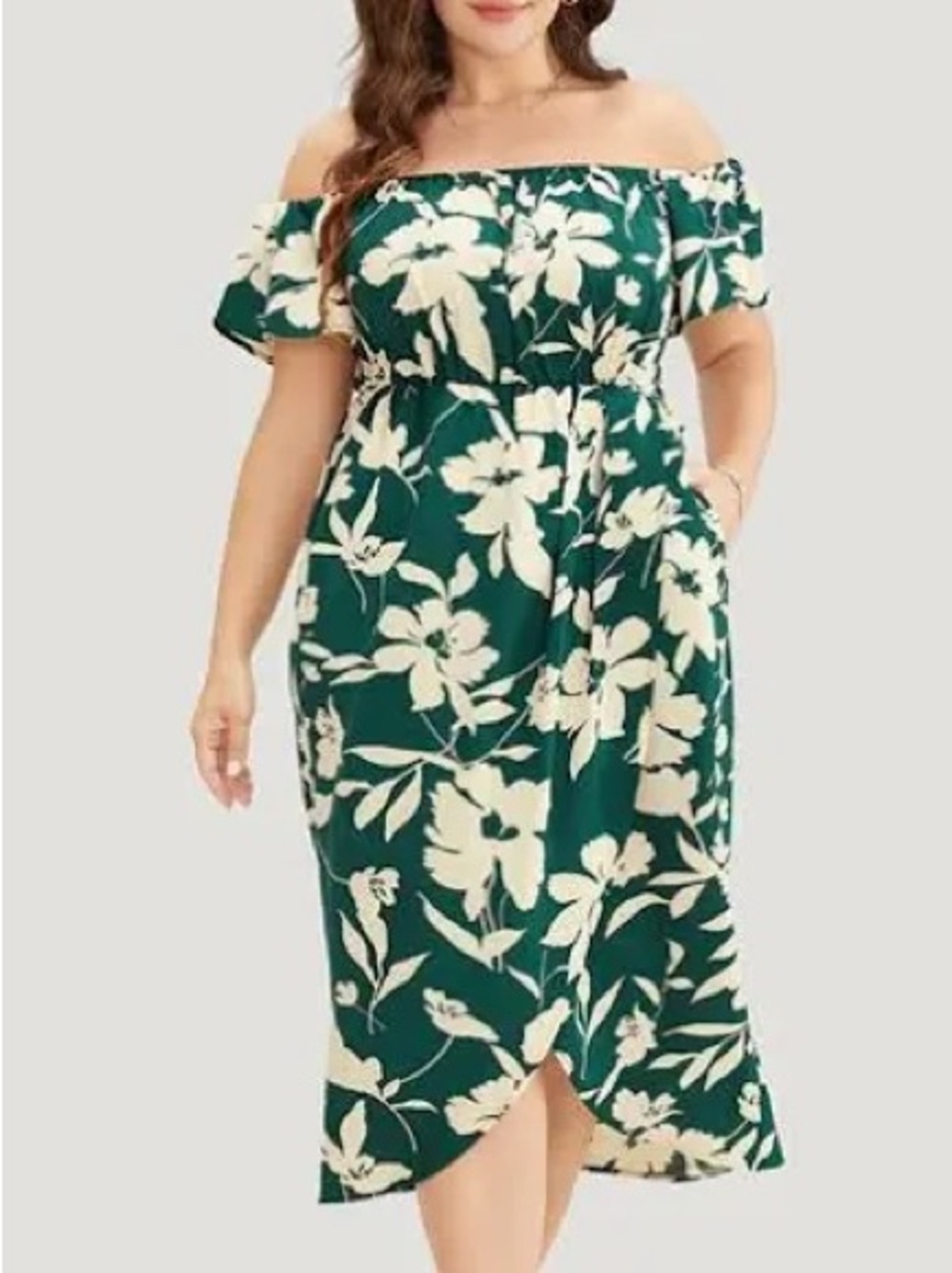 BloomChic Cream Floral Off-Shoulder Green Midi Dress